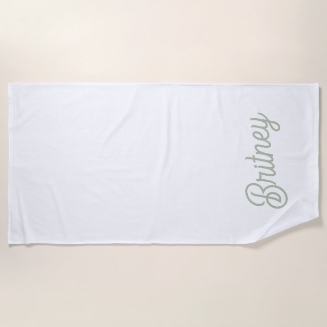 Modern Sage Green Personalised Monogram and Name  Beach Towel (Front)