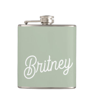 Modern Sage Green Personalised Monogram and Name  Hip Flask