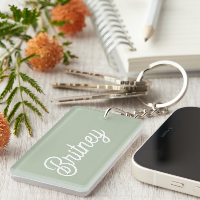 Modern Sage Green Personalised Monogram and Name  Key Ring (Front Right)