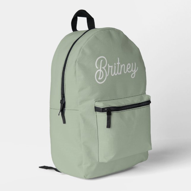 Modern Sage Green Personalised Monogram and Name  Printed Backpack (Back Corner Left)