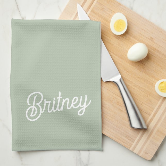 Modern Sage Green Personalised Monogram and Name  Tea Towel (Quarter Fold)