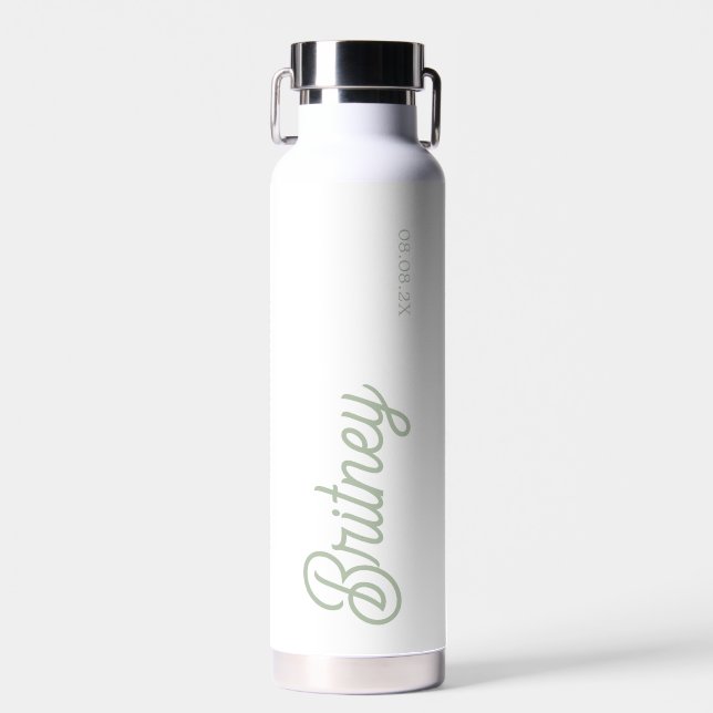 Modern Sage Green Personalised Monogram and Name  Water Bottle (Front)