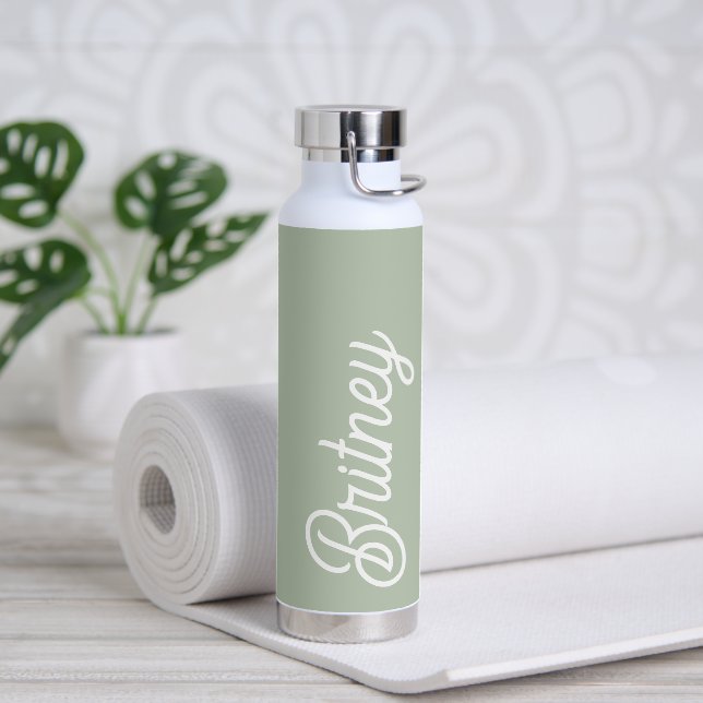 Modern Sage Green Personalised Monogram and Name  Water Bottle (Yoga)