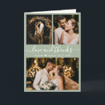 Modern Sage Green Photo Collage Wedding Thank You<br><div class="desc">Stylish Pretty Sage Green Hand Lettered Photo Collage Wedding Thank You Folded Card. Elegant wedding thank you card template featuring three (3) photo on the front and one (1) photo inside. With the text "Love and thanks" in a hand lettered typography script font with swashes in white colour on sage...</div>