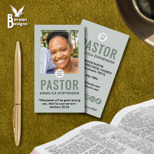 Modern Sage Green Photo QR Logo Church Pastor Business Card