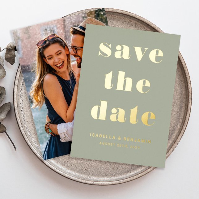 Modern Sage Green Photo Save The Date Gold (Modern Sage Green Photo Save The Date Gold Foil Invitation)