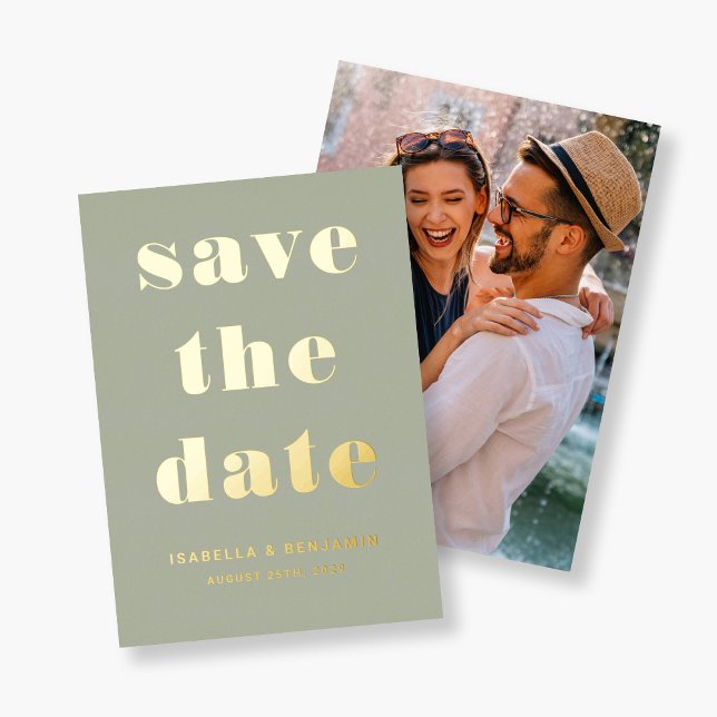 Modern Sage Green Photo Save The Date Gold (Modern Sage Green Photo Save The Date Gold Foil Invitation)