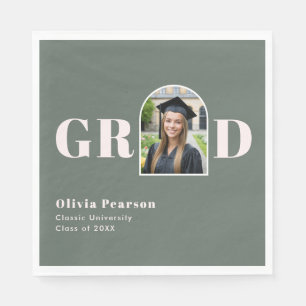 Modern Sage Green Pink Arch Photo Graduation Napkin
