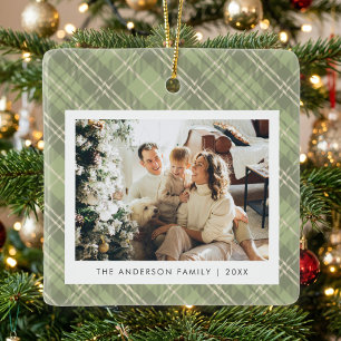 Modern Sage Green Plaid Family Photo Christmas Ceramic Ornament