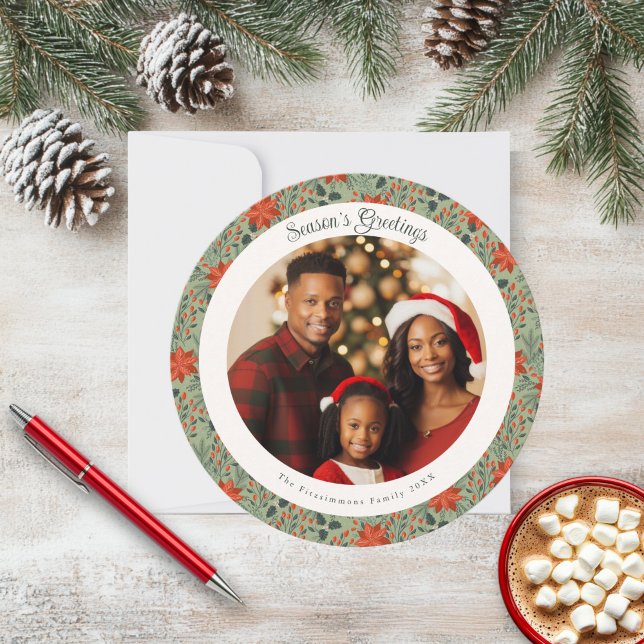 Modern Sage Green Poinsettia Christmas Photo Card (Poinsettia Season Circle Photo Christmas Card sage green)