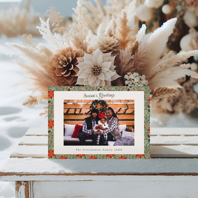 Modern Sage Green Poinsettia Photo Christmas Holiday Card (Poinsettia Season Christmas Card sage green)