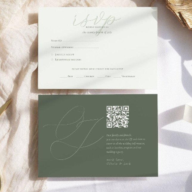 Modern Sage Green QR Code Initials Wedding RSVP Card (Creator Uploaded)