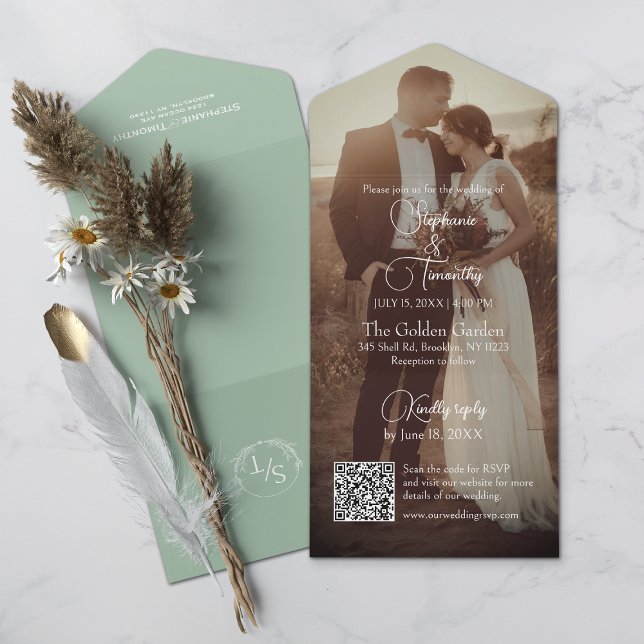 Modern Sage Green QR Code Photo Wedding All In One Invitation (All-in-one wedding invitation with QR code to RSVP - Simplify and save time for you and your guests.)