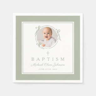 Modern Sage Green Religious Cross Boy Baptism Napkin