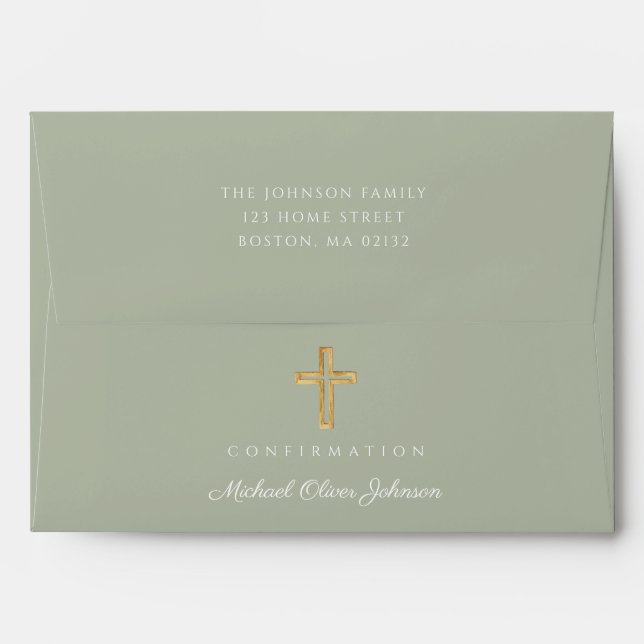 Modern Sage Green Religious Cross Boy Confirmation Envelope (Back (Top Flap))