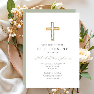 Modern Sage Green Religious Cross Christening    Invitation