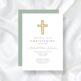 Modern Sage Green Religious Cross Christening    Invitation