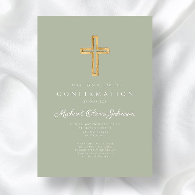 Modern Sage Green Religious Cross Confirmation Invitation (Modern Sage Green Religious Cross Confirmation Invitation)