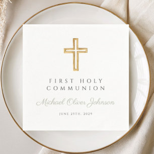 Modern Sage Green Religious Cross First Communion Napkin