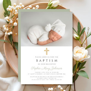 Modern Sage Green Religious Cross Photo Baptism Invitation