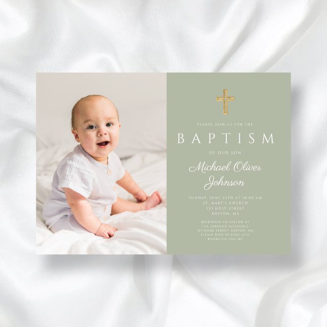 Modern Sage Green Religious Cross Photo Baptism Invitation (Modern Sage Green Religious Cross Photo Baptism Invitation)