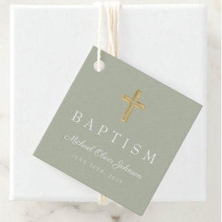 Modern Sage Green Religious Cross Script Baptism  Favour Tags