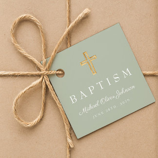 Modern Sage Green Religious Cross Script Baptism  Favour Tags