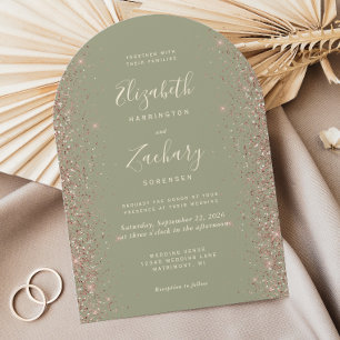 Modern Sage Green Rose Gold Glitter Arch Wedding Invitation