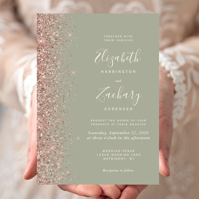 Modern Sage Green Rose Gold Glitter Edge Wedding Invitation (Creator Uploaded)