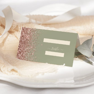 Modern Sage Green Rose Gold Glitter Edge Wedding Place Card