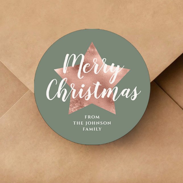 Modern Sage Green Rose Gold Star Christmas Classic Round Sticker (Modern Sage Green Rose Gold Star Christmas Classic Round Sticker)