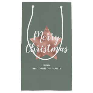 Modern Sage Green Rose Gold Star Christmas Small Gift Bag