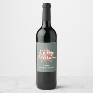 Modern Sage Green Rose Gold Star Christmas Wine Label