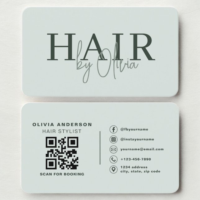 Modern Sage Green Salon Hairstylist QR Code Business Card (Creator Uploaded)