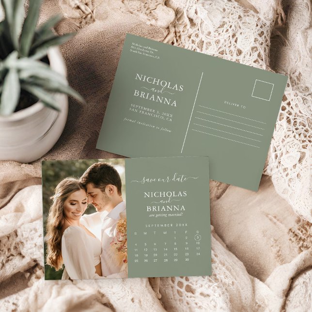 Modern Sage Green Save the Date Photo Calendar Postcard (Creator Uploaded)