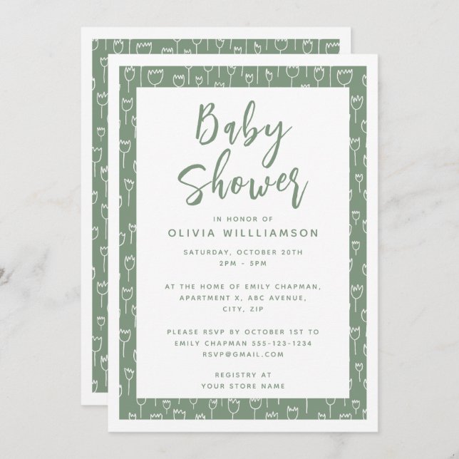 Modern Sage Green Script Baby Shower Invitation (Front/Back)