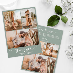 Modern sage green script heart 6 photos wedding thank you card