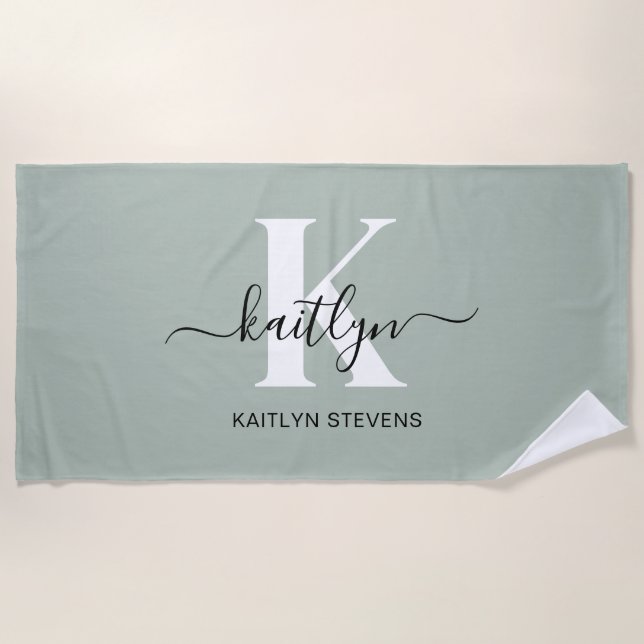 Modern Sage Green Script Monogram Beach Towel (Front)