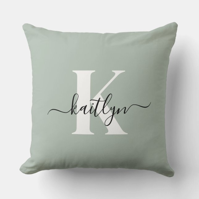 Modern Sage Green Script Monogram Cushion (Front)