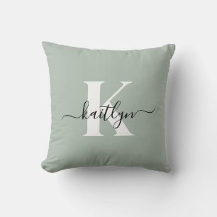 Modern Sage Green Script Monogram Cushion
