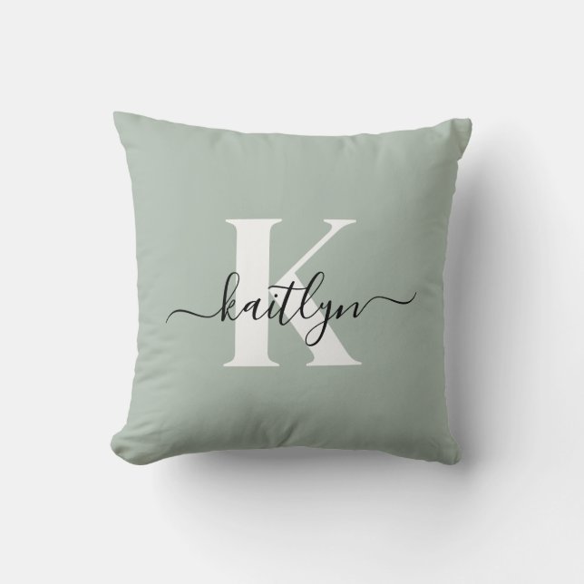 Modern Sage Green Script Monogram Cushion (Front)