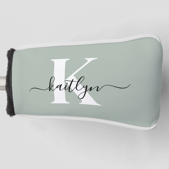 Modern Sage Green Script Monogram Golf Head Cover (Front)