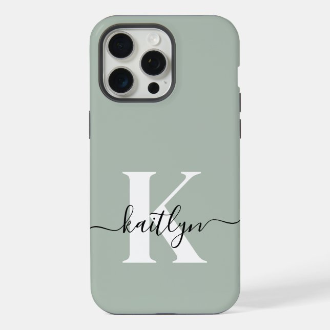 Modern Sage Green Script Monogram iPhone Case (Back)