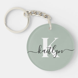 Modern Sage Green Script Monogram Key Ring
