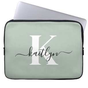 Modern Sage Green Script Monogram Laptop Sleeve