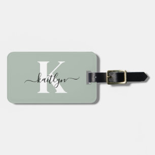 Modern Sage Green Script Monogram Luggage Tag