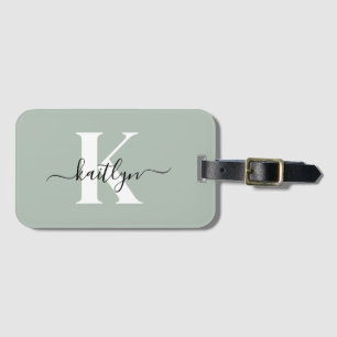 Modern Sage Green Script Monogram Luggage Tag