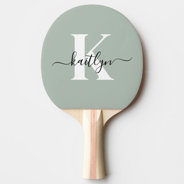 Modern Sage Green Script Monogram Ping Pong Paddle (Front)