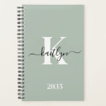 Modern Sage Green Script Monogram Planner<br><div class="desc">This simple, elegant sage green 5.5 x 8.5 soft planner with your first name in a trendy script font in black and your first initial in a modern cap font in white is perfect for you. It's stylish and trendy and yet very classic. It will make keeping appointments, meetings, deadlines,...</div>