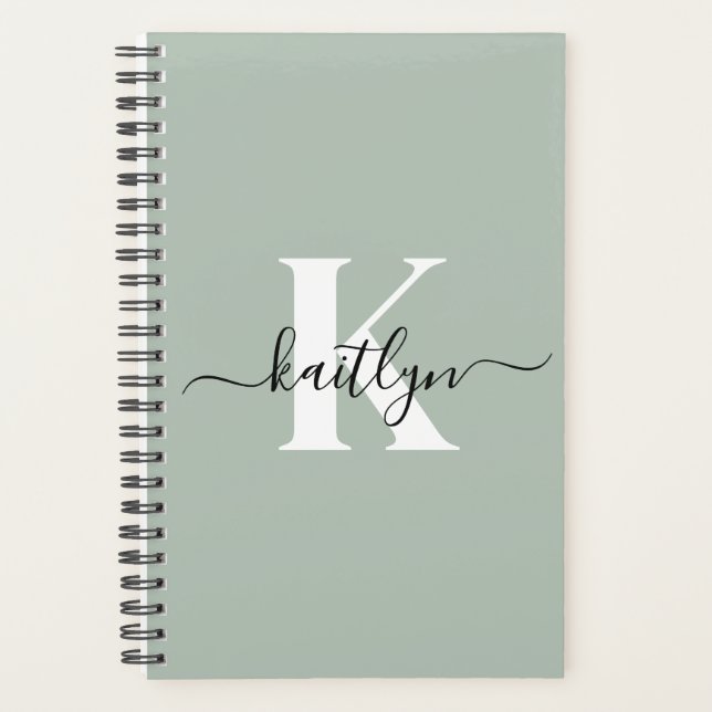 Modern Sage Green Script Monogram Planner (Front)